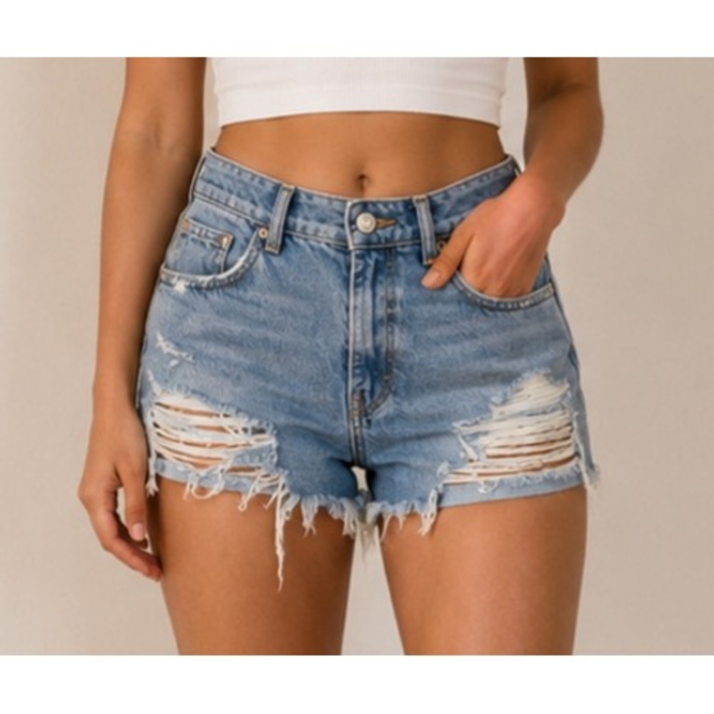 ZARA Womens Distressed High Waisted Denim Shorts Light Wash Blue Size 4 26